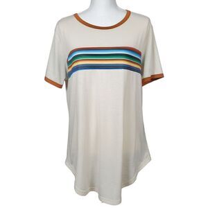Lucky and Blessed T-Shirt Striped Size Medium Beige Blue Southwestern Santa Fe